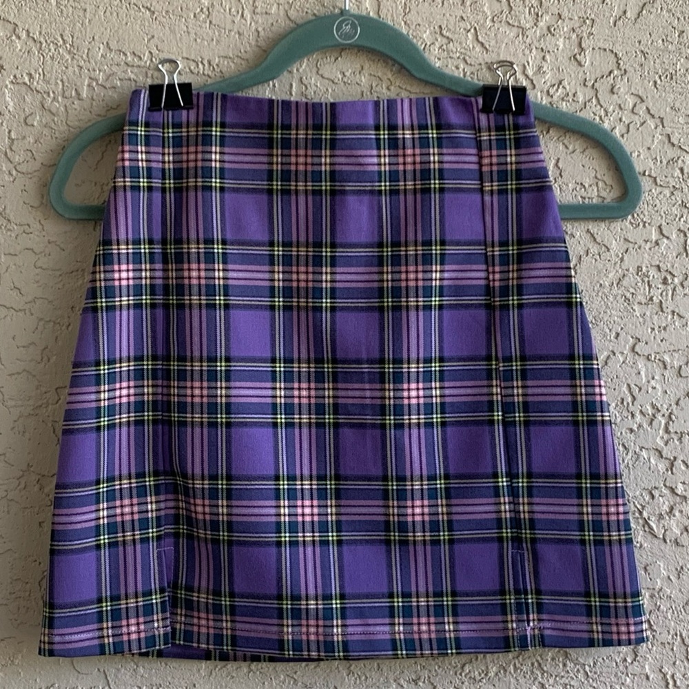 PacSun Brandy Melville John Galt Purple Plaid Skirt with front Slits. Sz. Small